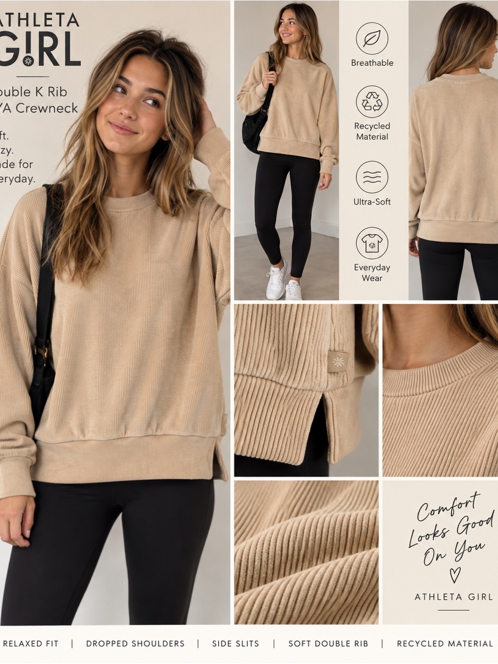 NWT Athleta Girl Double K Rib CYA Crewneck Sweatshirt Beige L 12